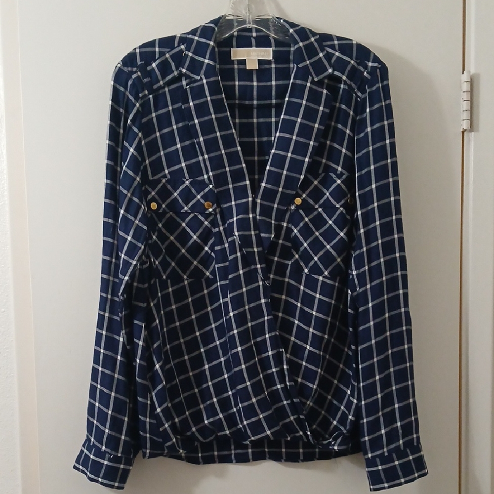 Michael Kors Blue and White Plaid Blazer with Relaxed Fit